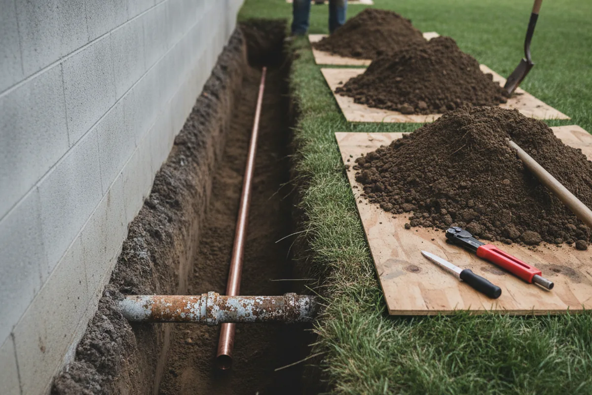 Excavated water line trench during Water Softener Installation in Preston